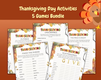 May include: A set of five Thanksgiving Day activities games. Each game sheet has a decorative border with autumn leaves. The games include A-Z Race, Unscramble, Finish the Phrase, The Price is Right, and Scattergories.