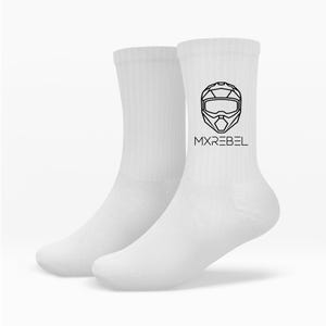 May include: A pair of white crew socks with a black graphic of a motocross helmet and the text "MXREBEL". The socks are ribbed and have a sporty design.