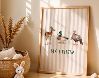Vintage Hunting Animal Nursery Wall Art Print, Custom Rustic Nursery Name Sign, Deer Hunting Decor, Baby Boy Nursery Art