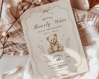 We Can Bearly Wait Baby Shower Invitation, Teddy Bear Baby Shower Invite, Brown Bear Invite, Gender Neutral Baby Shower
