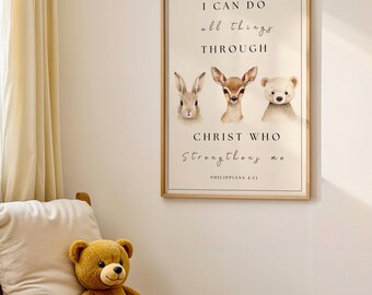 Christian Woodland Animals Nursery Scripture Art, Minimal Baby Boy Animal Wall Decor, Kids Room Wall Art