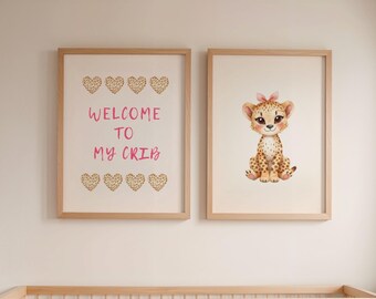 Pink Cheetah Print Nursery Wall Art, Baby Girl Printable Safari Nursery, Kids Room Cheetah Wall Decor, Wild One Nursery