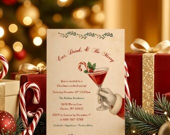 Holiday Christmas Party Invitation Template, Christmas Pepermint Martini Cocktail Party Invite, Vintage Santa Party Invite
