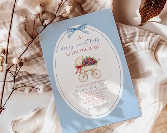 Berry Sweet Baby Shower Invitation, Berry Baby Shower Invite, Editable Blue Baby Shower Invite, Vintage Pram Invite