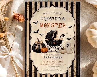 Vintage Gothic Halloween Baby Shower Invitation, Spooky Baby Carriage Baby Shower Invite, Created A Monster Invite