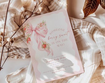 Berry Sweet Baby Shower Invitation, Strawberry Bow Baby Shower Invite, Editable Pink Baby Shower Invite