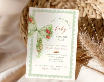 Locally Grown Baby Shower Invitation, Farmers Market Baby Shower Invite, Green Gingham Bow Invite, Baby Girl Shower