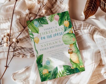 Dinosaur Birthday Invitation Template, Dinosaur 3rd Birthday, Three Rex Dino Invite, Editable Dinosaur Birthday Party Invite