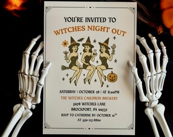 Invitación retro para fiesta de Halloween, invitación para la noche de brujas, invitación retro para fiesta de Halloween, plantilla imprimible y editable para fiesta de Halloween.