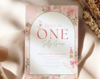 One Silly Goose First Birthday Invitation, Pink Floral Gingham Silly Goose Invite, Editable Kids 1st Birthday Invite Template