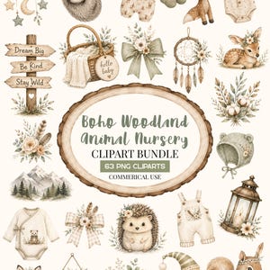 Boho Woodland Animal Baby Shower Clipart Bundle, Watercolor Forest Animals PNG, Baby Shower Clipart, Commercial Use