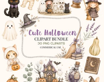 Cute Halloween Clipart Bundle, Watercolor Halloween PNG Clipart, Spooky Cute Clipart, Commercial Use