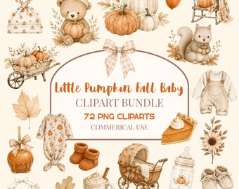 Little Pumpkin Baby Shower Clipart Bundle, Watercolor Fall Nursery PNG, Neutral Baby Shower Clipart, Commercial Use