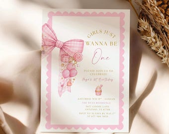 Pink Candy Bow First Birthday Invitation, Girls Just Wanna Be One Invite, Soft Pastel Ribbon Invite, Girl Birthday invite