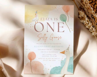 One Silly Goose First Birthday Invitation, 1st Birthday Girl Pastel Invite, Editable Kids 1st Birthday Invite Template, Goose Invite