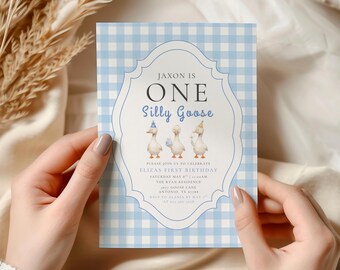 One Silly Goose First Birthday Invitation, Blue Vintage Gingham Silly Goose Invite, Editable Kids 1st Birthday Invite Template