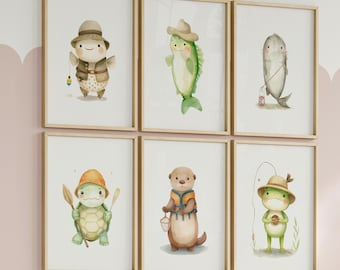Fishing Nursery Gallery Wall Print Set, Baby Boy Fishing Animals Room Decor, Country Nursery Art
