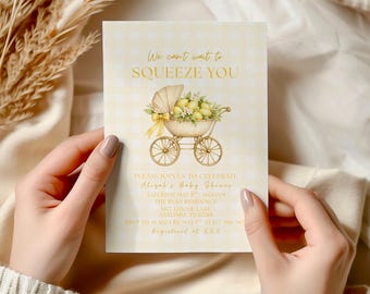 Lemon Baby Shower Invitation, We Can’t Wait To Squeeze You, Vintage Pram Invite, Yellow Gingham Invite, Editable Template