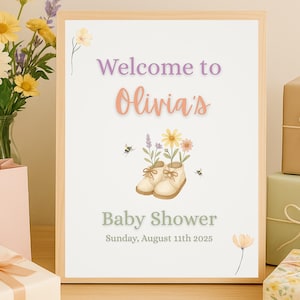 Baby in Bloom Welcome Sign, Editable Pastel Baby Shower Sign, Floral Baby Girl Shower Decor, Printable Canva Template