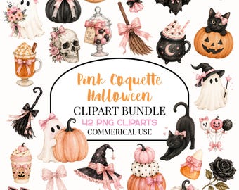 Pink Coquette Halloween Clipart Bundle, Watercolor Pastel Halloween PNG, Ghost Clipart, Bow Clipart, Commercial Use