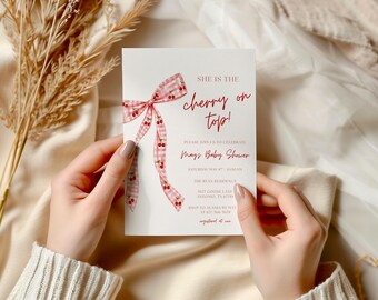 She’s The Cherry On Top Baby Shower Invitation, Pink Gingham Cherry Baby Shower Invite, Pink Cherry Baby Shower