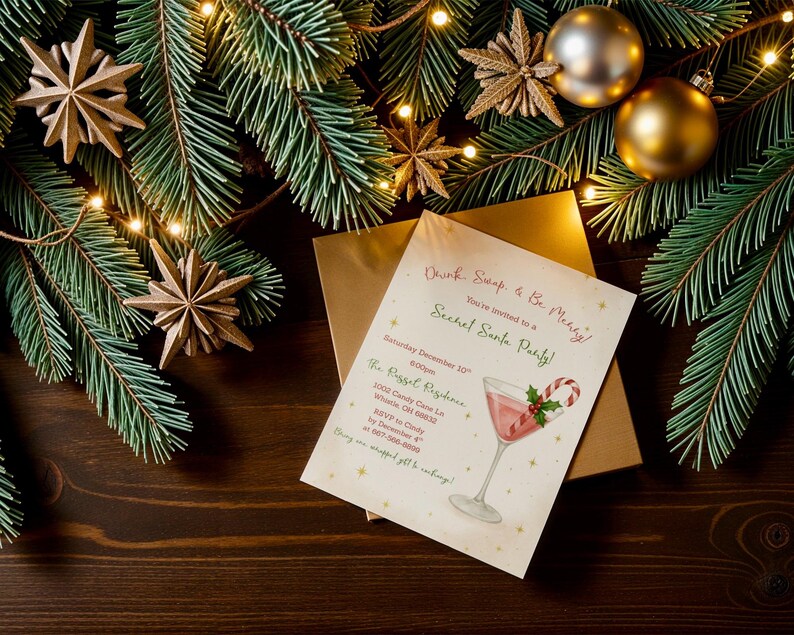 May include: A festive holiday invitation for a Secret Santa party, featuring a cocktail illustration with a candy cane. The invitation is on a cream-colored card, surrounded by Christmas ornaments, pine branches, and fairy lights.