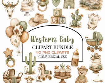 Western Baby Shower Clipart Bundle, Watercolor Cowboy Baby PNG, Western Nursery Clipart Set, Farm Baby Clipart, Commercial Use