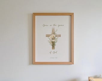 Christian Floral Cross Nursery Wall Art Print, Bible Verse Baby Girl Nursery Decor, Christian Scripture Boho Nursery