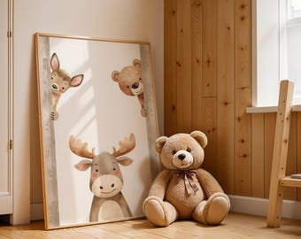 Hunting Animals Nursery Wall Print, Bear Deer Woodland Kids Room Decor, Forest Animal Nursery Art