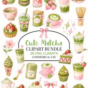 Può includere: Una collezione di illustrazioni digitali con cibi e bevande al matcha, inclusi latte, torte, mochi e pasticcini decorati con fiocchi rosa e fragole. Il testo centrale recita Cute Matcha CLIPART BUNDLE 35 PNG CLIPARTS COMMERICAL USE.