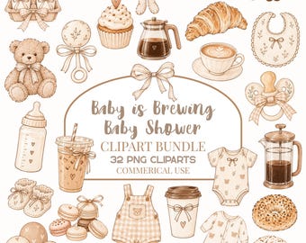 A Baby is Brewing Baby Shower Clipart Bundle, Neutral Coffee Baby PNG, Coffee Baby Shower Graphics, Latte Clipart, Commercial Use