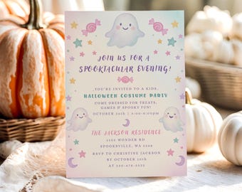 Kids Halloween Party Invitation, Pastel Ghost Halloween Party Editable Invite, Kids Costume Party Invite
