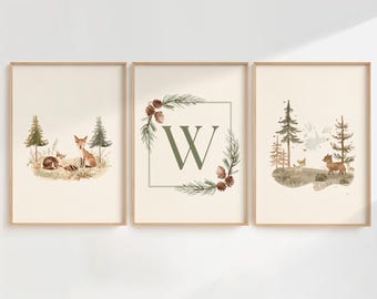 Woodland Nursery Prints, Woodland Animal Gallery Wall Art, Woodland Pine Tree Nursery Art, Nursery Gift