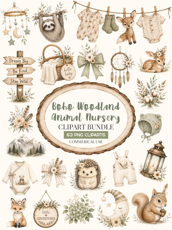 Boho Woodland Animal Baby Shower Clipart Bundle, Watercolor Forest Animals PNG, Green Baby Shower Clipart, Commercial Use