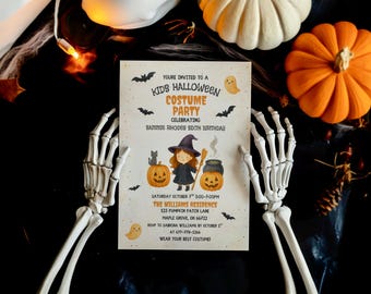 Halloween Invitation Editable Template, Kids Halloween Costume Birthday Party Invite, Witch & Pumpkin Party Invite