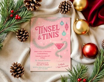 Christmas Girls Night Party Invitation Template, Retro Martini Cocktail Holiday Party Invite, Tinsel And Tinis Invite, Friendsmas Invite