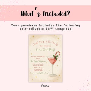 May include: A festive invitation template for a Secret Santa party. The design features a watercolor illustration of a pink cocktail with a candy cane garnish. The text reads "Drink, Swap, & Be Merry!" and includes event details.