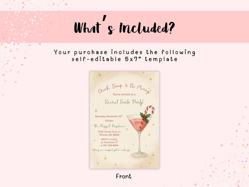 May include: A festive invitation template for a Secret Santa party. The design features a watercolor illustration of a pink cocktail with a candy cane garnish. The text reads "Drink, Swap, & Be Merry!" and includes event details.
