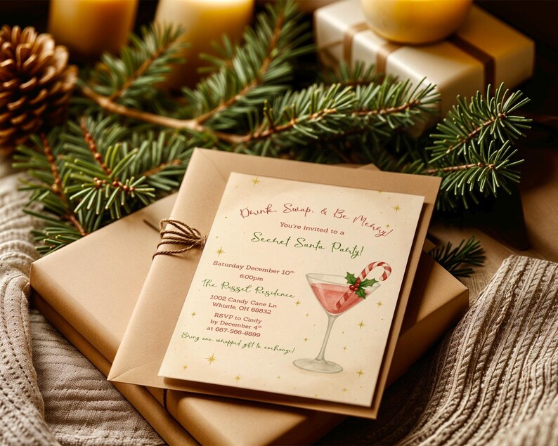 May include: A festive invitation for a Secret Santa party, featuring a cocktail illustration with a candy cane. The invitation is on a cream-colored card, with text in red and green, and is placed on top of wrapped gifts and greenery.