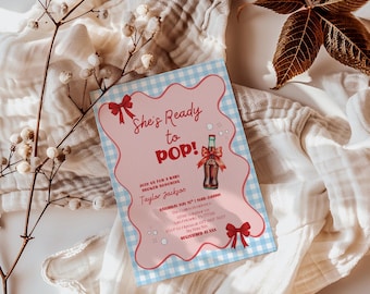 She’s Ready To Pop Baby Shower Invitation, Soda Pop Baby Shower Invite, Cola Baby Shower Card, Blue Gingham Bow Invite