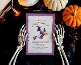 Witches Night Out Invitation, Purple Spooky Halloween Party Invite, Editable Witch Invite