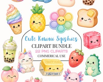 Cute Kawaii Squishy Toy Clipart Bundle, Watercolor Squishy Animals PNG, Fidget Toys Clipart, Needoh Inspired Clipart, Commercial Use