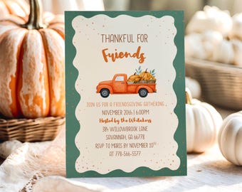 Thankful For Friends Invitation, Friendsgiving Dinner Invitation, Editable Thanksgiving Invite Template