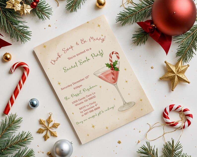 May include: A festive invitation for a Secret Santa party, featuring a cocktail illustration with a candy cane garnish. The invitation is surrounded by Christmas ornaments, candy canes, and evergreen branches, creating a holiday theme.