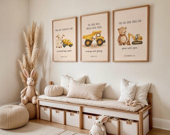 Construction Nursery Gallery Wall Set, Construction Animals Excavator Nursery Prints, Christian Baby Boy Room Decor