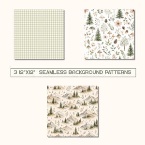 May include: Three 12"x12" seamless background patterns. One features a light green and white gingham check. Another displays a forest motif with trees, mushrooms, and foliage. The third shows a mountain landscape with pine trees and plants.