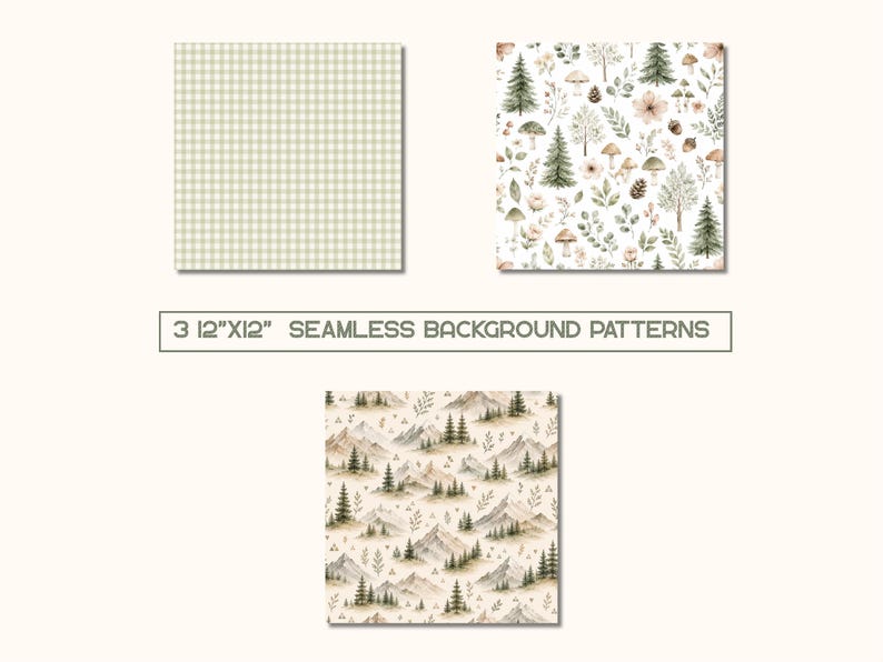 May include: Three 12"x12" seamless background patterns. One features a light green and white gingham check. Another displays a forest motif with trees, mushrooms, and foliage. The third shows a mountain landscape with pine trees and plants.