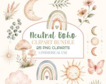 Neutral Boho Clipart Bundle, Pastel Watercolor Rainbow PNG, Baby Shower Clipart, Nursery Graphics, Commercial Use