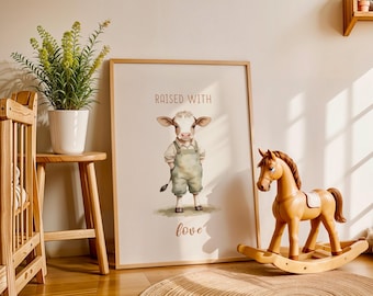 Rustic Vintage Cow Nursery Decor, Raised With Love Country Farmhouse Nursery Print, Neutral Baby Farm Print