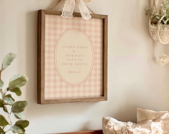 Vintage Gingham Baby Girl Christian Nursery Wall Print, Pink Bow Nursery Decor, Printable Christian Scripture Wall Art